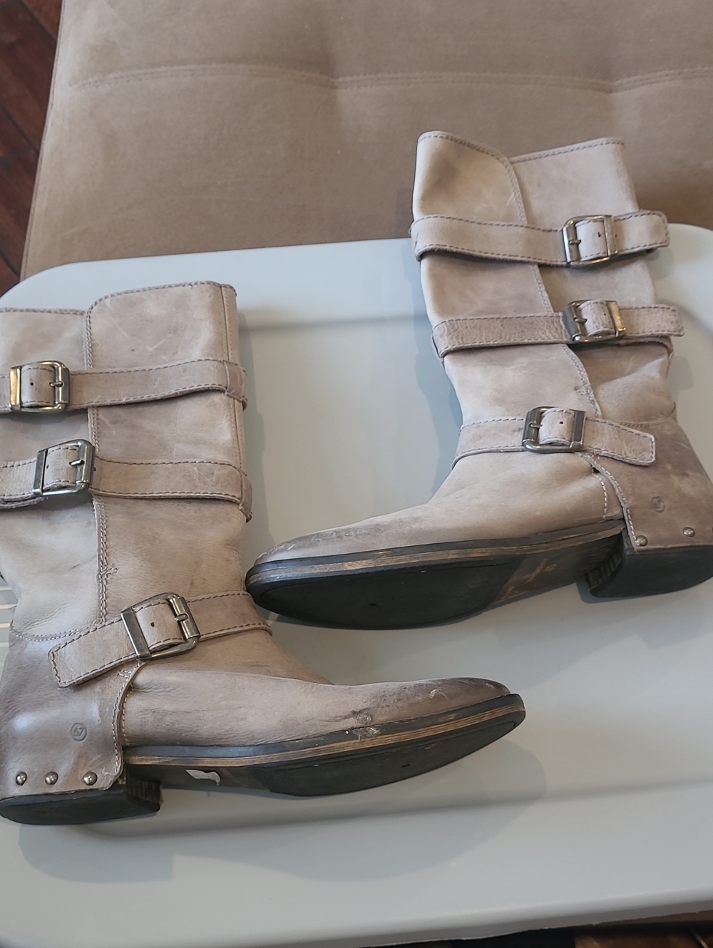 Women’s SIXTY SEVEN 67 SPAIN Gray/taupe Mid-Calf Leather Buckle Boots Size 40 - Picture 2 of 9